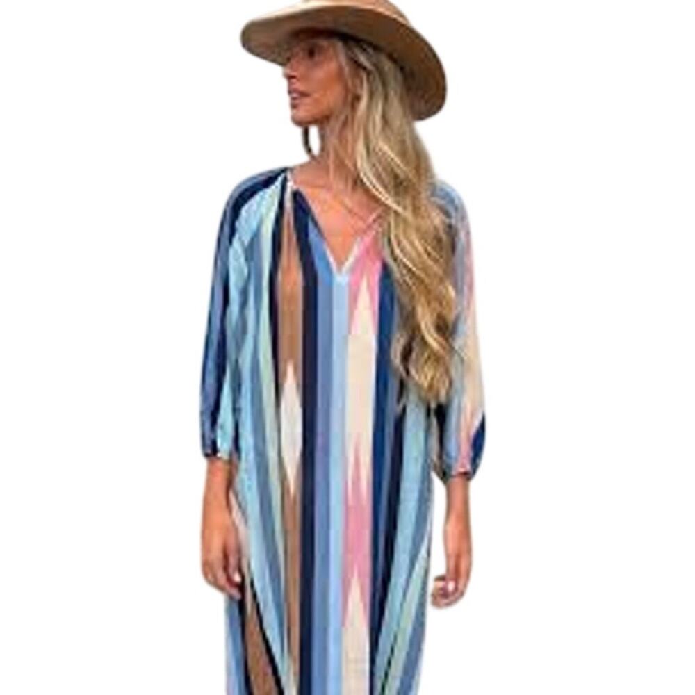 Monisqui Spain Multicolor Striped Linen Blend Kaftan Maxi Dress Sz M/L Boho